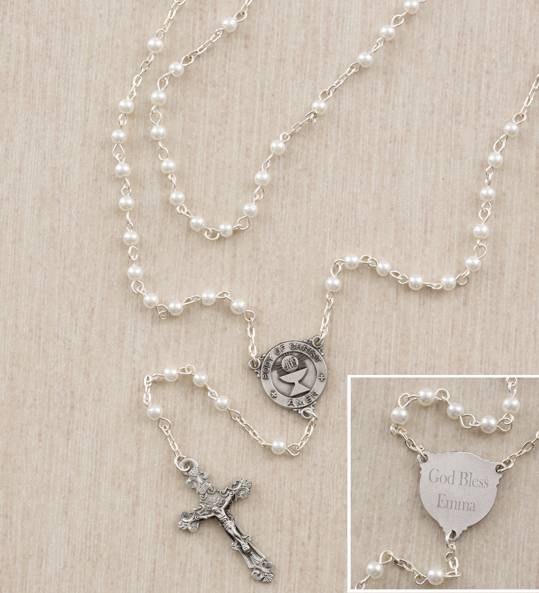 First Communion Girl's Personalized Pearl Rosary